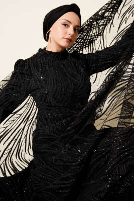 Pullu Simli Abiye Elbise Siyah - CNR TEKSTİL