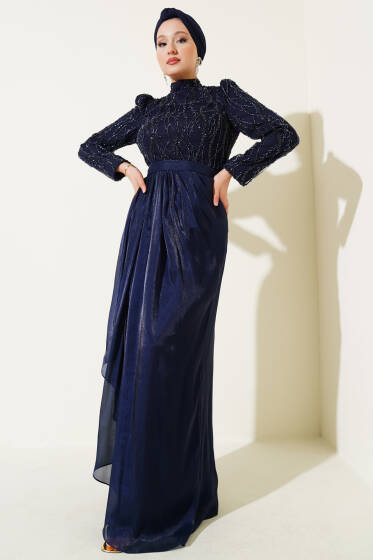 Pullu Taşlı Kuşaklı Abiye Elbise Lacivert - Elbise
