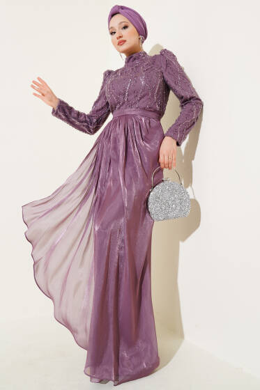 Pullu Taşlı Kuşaklı Abiye Elbise Magenta - Elbise