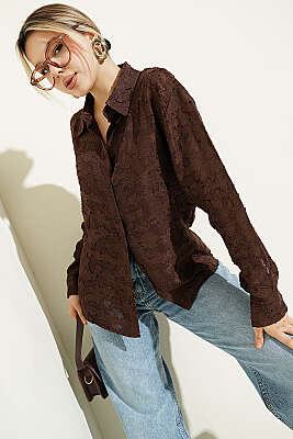 Püskül Çiçek Desen Transparan Gömlek Kahve 