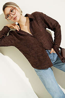 Püskül Çiçek Desen Transparan Gömlek Kahve - Kadın Giyim Modelleri