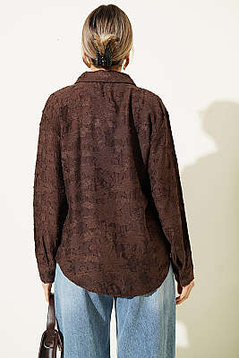 Püskül Çiçek Desen Transparan Gömlek Kahve - Kadın Giyim Modelleri
