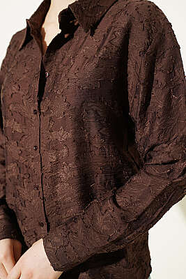 Püskül Çiçek Desen Transparan Gömlek Kahve - Kadın Giyim Modelleri