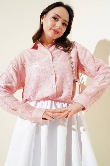 Püskül Çiçek Desen Transparan Gömlek Pudra - Gömlek