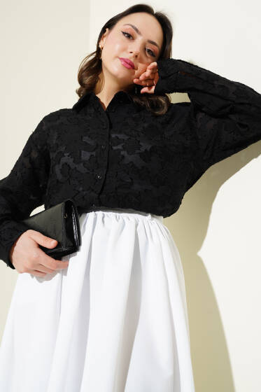 Püskül Çiçek Desen Transparan Gömlek Siyah - Gömlek