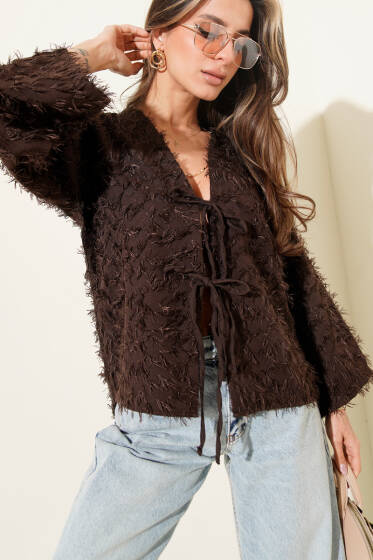 Püskül Detaylı Bağcıklı Kimono Kahve - Kadın Giyim Modelleri