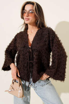 Püskül Detaylı Bağcıklı Kimono Kahve - Kadın Giyim Modelleri