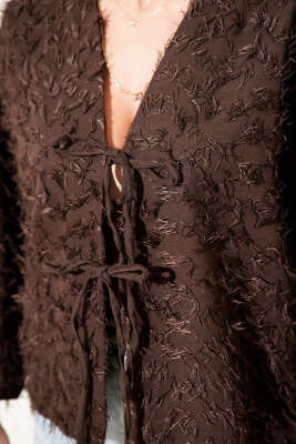 Püskül Detaylı Bağcıklı Kimono Kahve - Kadın Giyim Modelleri