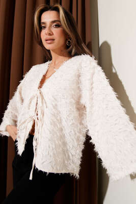 Püskül Detaylı Bağcıklı Kimono Krem - LUSTRİN