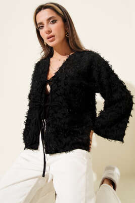 Püskül Detaylı Bağcıklı Kimono Siyah - Kadın Giyim Modelleri