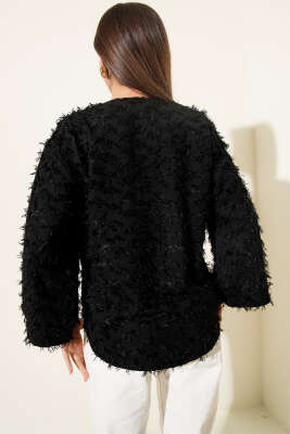 Püskül Detaylı Bağcıklı Kimono Siyah - Kadın Giyim Modelleri