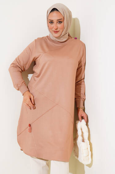 Püskül Detaylı Büyük Beden Uzun Tunik Bej - Tunik