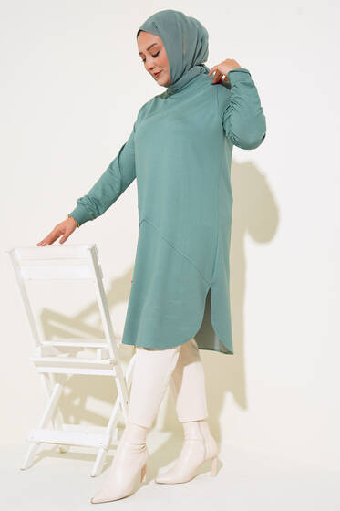 Püskül Detaylı Büyük Beden Uzun Tunik Mint - Tunik