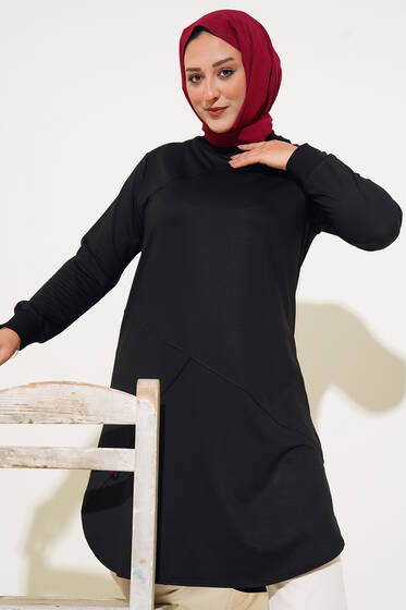 Püskül Detaylı Büyük Beden Uzun Tunik Siyah - Tunik