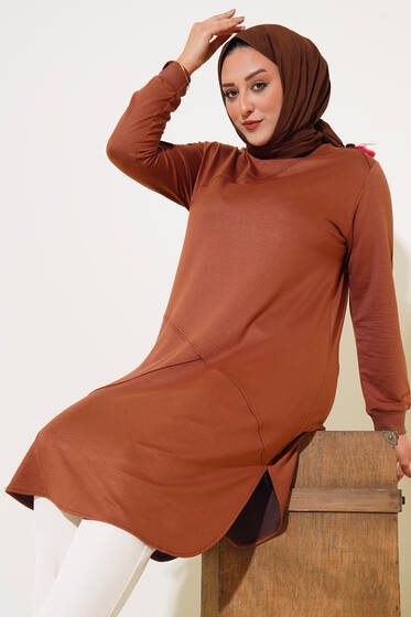 Püskül Detaylı Büyük Beden Uzun Tunik Taba - Tunik