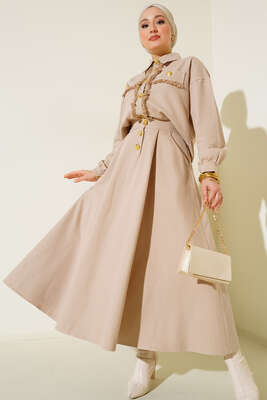 Püskül Detaylı Düğmeli Etekli İkili Takım Bej 