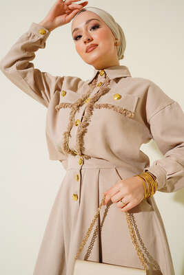 Püskül Detaylı Düğmeli Etekli İkili Takım Bej - İKİLİ TAKIM