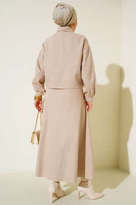 Püskül Detaylı Düğmeli Etekli İkili Takım Bej - İKİLİ TAKIM