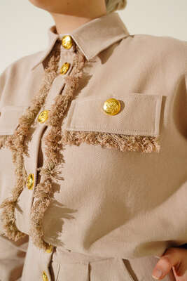 Püskül Detaylı Düğmeli Etekli İkili Takım Bej - İKİLİ TAKIM