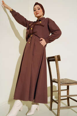 Püskül Detaylı Düğmeli Etekli İkili Takım Kahve 