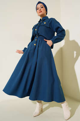 Püskül Detaylı Düğmeli Etekli İkili Takım Petrol 