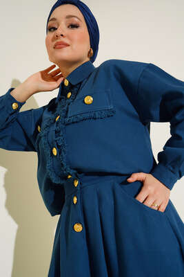 Püskül Detaylı Düğmeli Etekli İkili Takım Petrol - İKİLİ TAKIM