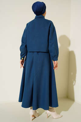 Püskül Detaylı Düğmeli Etekli İkili Takım Petrol - İKİLİ TAKIM