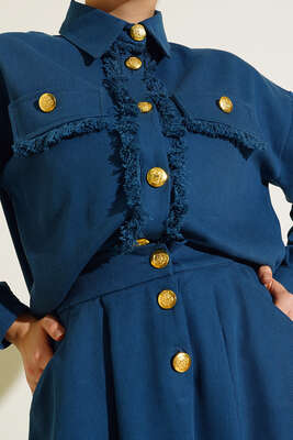 Püskül Detaylı Düğmeli Etekli İkili Takım Petrol - İKİLİ TAKIM