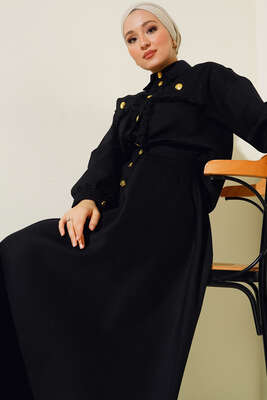 Püskül Detaylı Düğmeli Etekli İkili Takım Siyah 