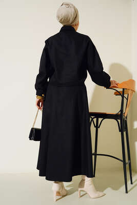 Püskül Detaylı Düğmeli Etekli İkili Takım Siyah - İKİLİ TAKIM