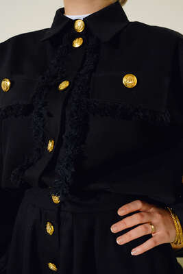 Püskül Detaylı Düğmeli Etekli İkili Takım Siyah - İKİLİ TAKIM