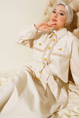 Püskül Detaylı Düğmeli Etekli İkili Takım Taş - SAS