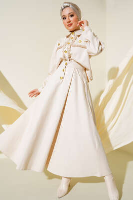 Püskül Detaylı Düğmeli Etekli İkili Takım Taş - İKİLİ TAKIM