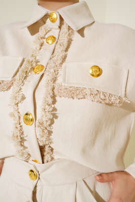 Püskül Detaylı Düğmeli Etekli İkili Takım Taş - İKİLİ TAKIM