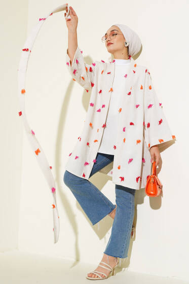 Püskül Detaylı Keten Kimono Kırmızı - Dış Giyim&Mont