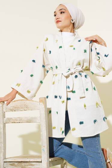 Püskül Detaylı Keten Kimono Yeşil - Dış Giyim&Mont