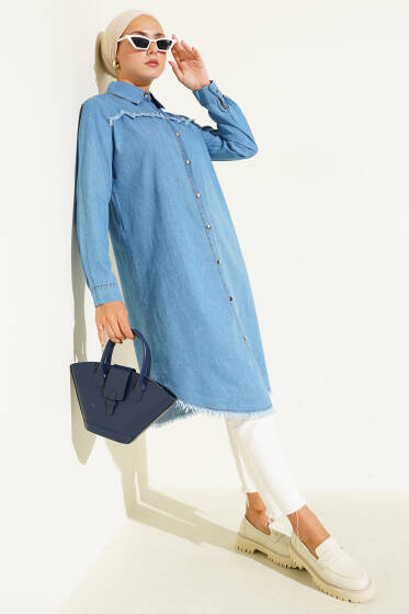 Püskül Detaylı Kot Mavisi Uzun Tesettür Tunik - Tunik