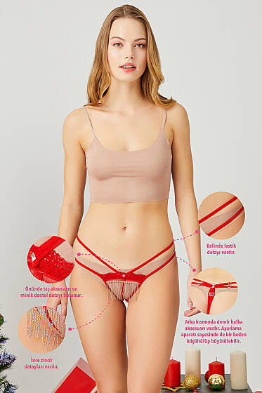 Püskül Taşlı Tanga Kırmızı - String Külot