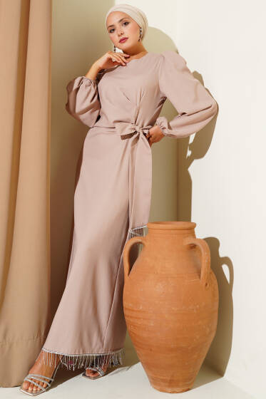 Püskül Taşlı Yan Bağlamalı Abiye Elbise Bej - Elbise