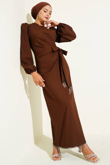 Püskül Taşlı Yan Bağlamalı Abiye Elbise Kahve - Elbise