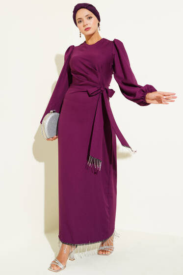 Püskül Taşlı Yan Bağlamalı Abiye Elbise Mor - Elbise