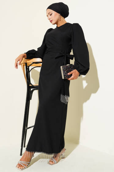 Püskül Taşlı Yan Bağlamalı Abiye Elbise Siyah - Elbise