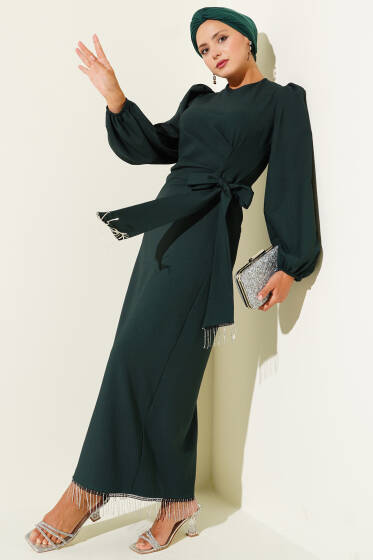 Püskül Taşlı Yan Bağlamalı Abiye Elbise Zümrüt - Elbise