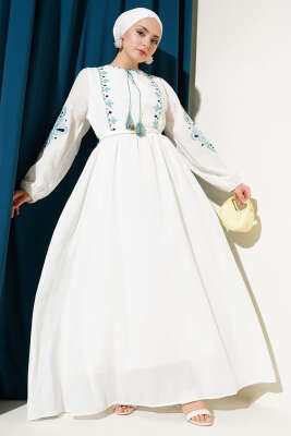 Püskül Yakalı Nakışlı Elbise Mint - FASHİON FOX