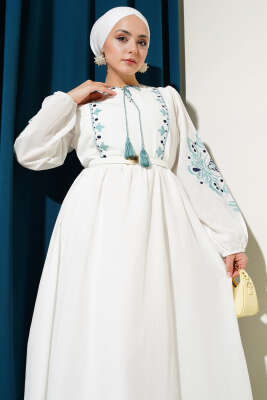 Püskül Yakalı Nakışlı Elbise Mint - Tesettür Elbise