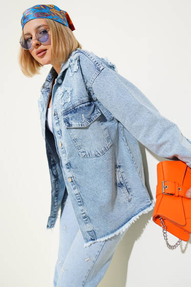 Püskül Yıldızlı Kot Ceket Mavi - Kadın Giyim Modelleri