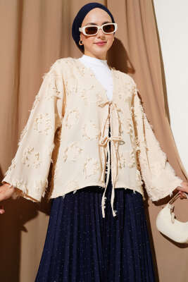 Püsküllü Bağlamalı Kimono Bej 