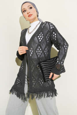 Püsküllü Baklava Desen Ajurlu Hırka Füme - RAFİMİX