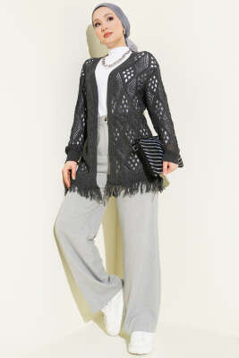 Püsküllü Baklava Desen Ajurlu Hırka Füme - Hırka