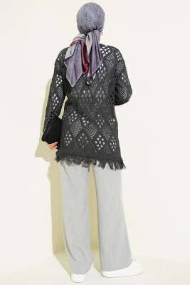 Püsküllü Baklava Desen Ajurlu Hırka Füme - Hırka